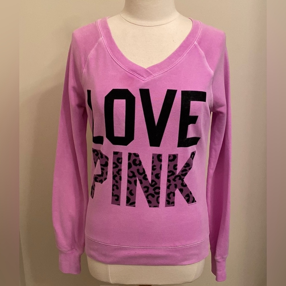 Victoria’s Secret PINK Purple Black Leopard Velvet Logo Casual Sweatshirt SZ XS